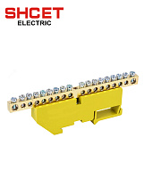 Шина PE нулевая 6х9 18/1 с желтым изолятором на дин-рейку